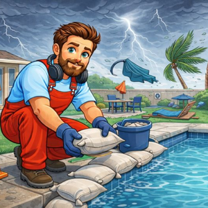 man prepping pool for storm