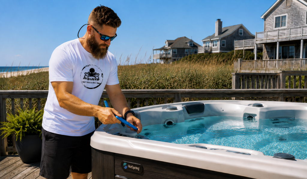 man cleaning hot tub