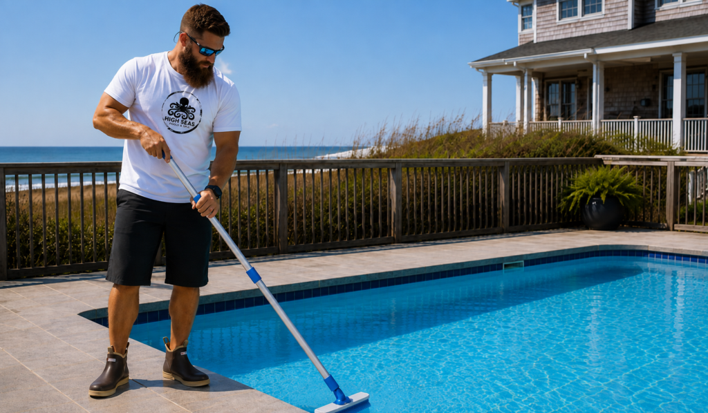 man cleaning a pool