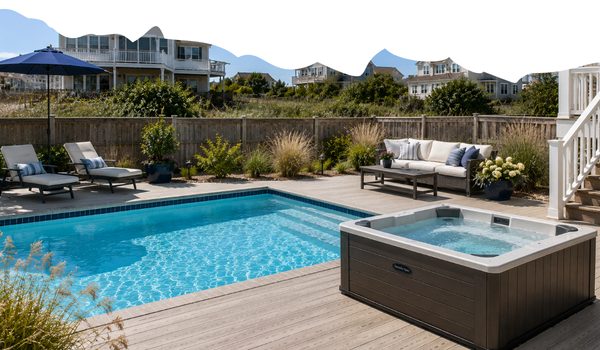 image of a pool and spa with houses and greenery in the background