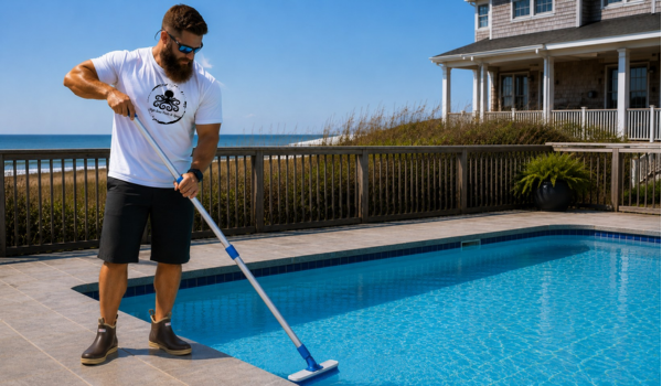 man cleaning a pool oceanfront