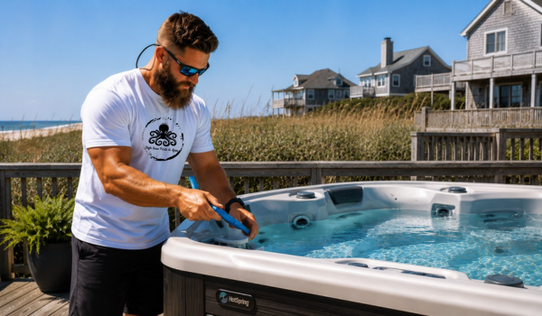 man cleaning hot tub